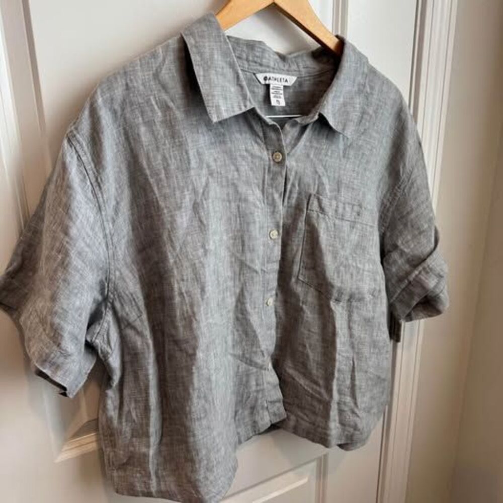 Athleta Retreat Linen Short Sleeve Shirt XL 100% linen Gray Blouse